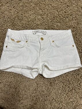 Robin's Jean White Faux-Snakeskin Low-Rise Shorts with Gold Accents